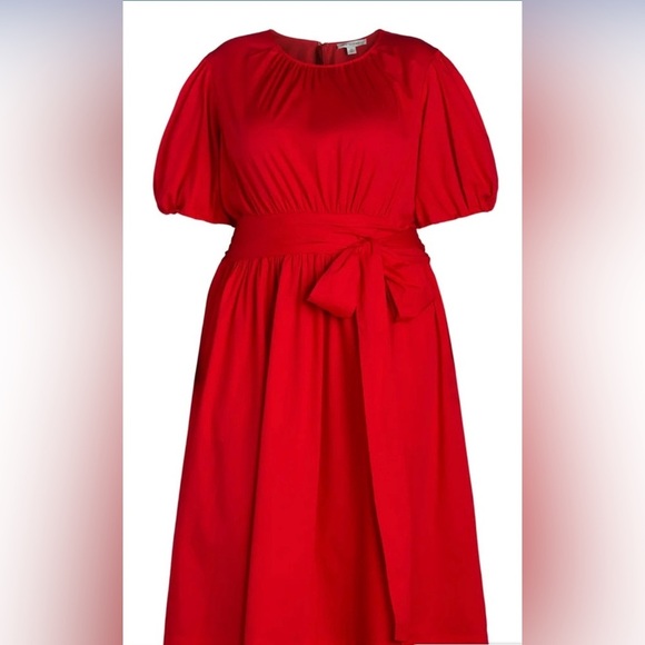 Free Assembly Red Cotton Bow Wrap Around Tie Midi Dress with Puff Sleeves - Picture 4 of 14